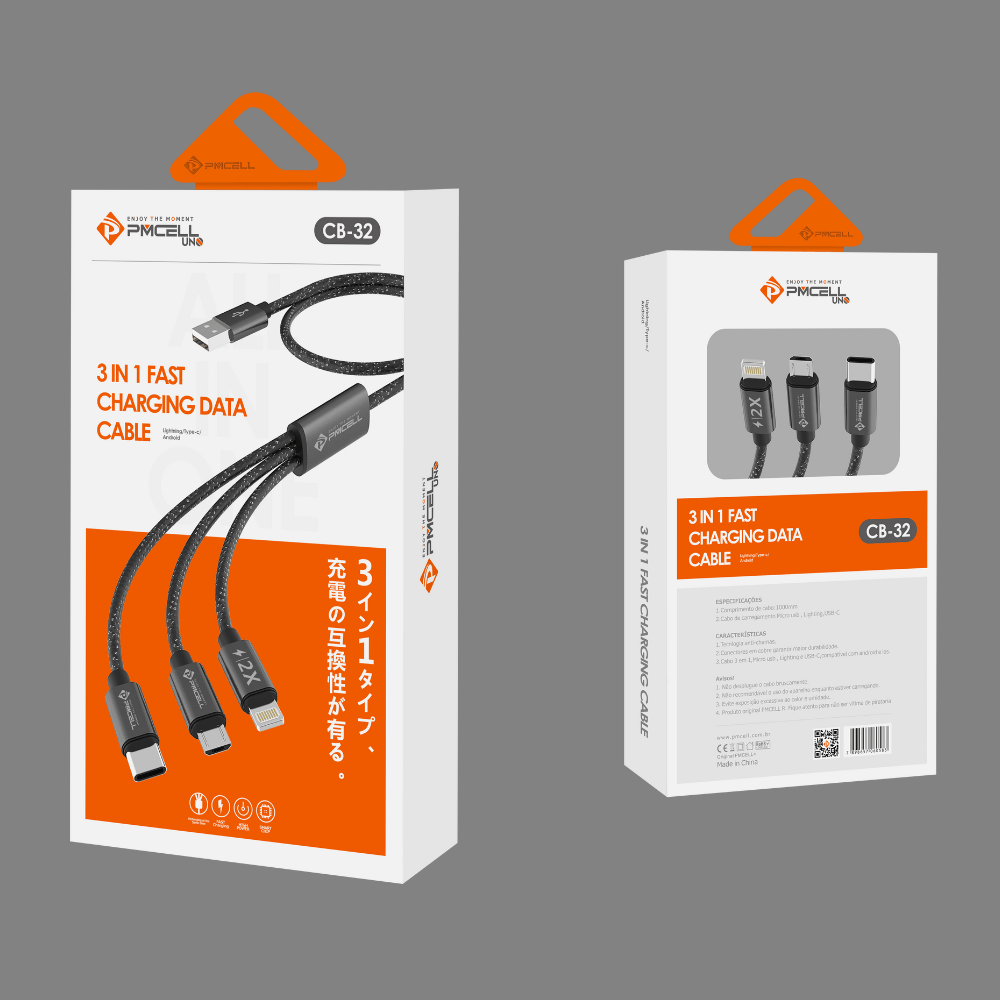 Cabo 3 em 1 - Micro USB + Lightning + Tipo-C | Pmcell
